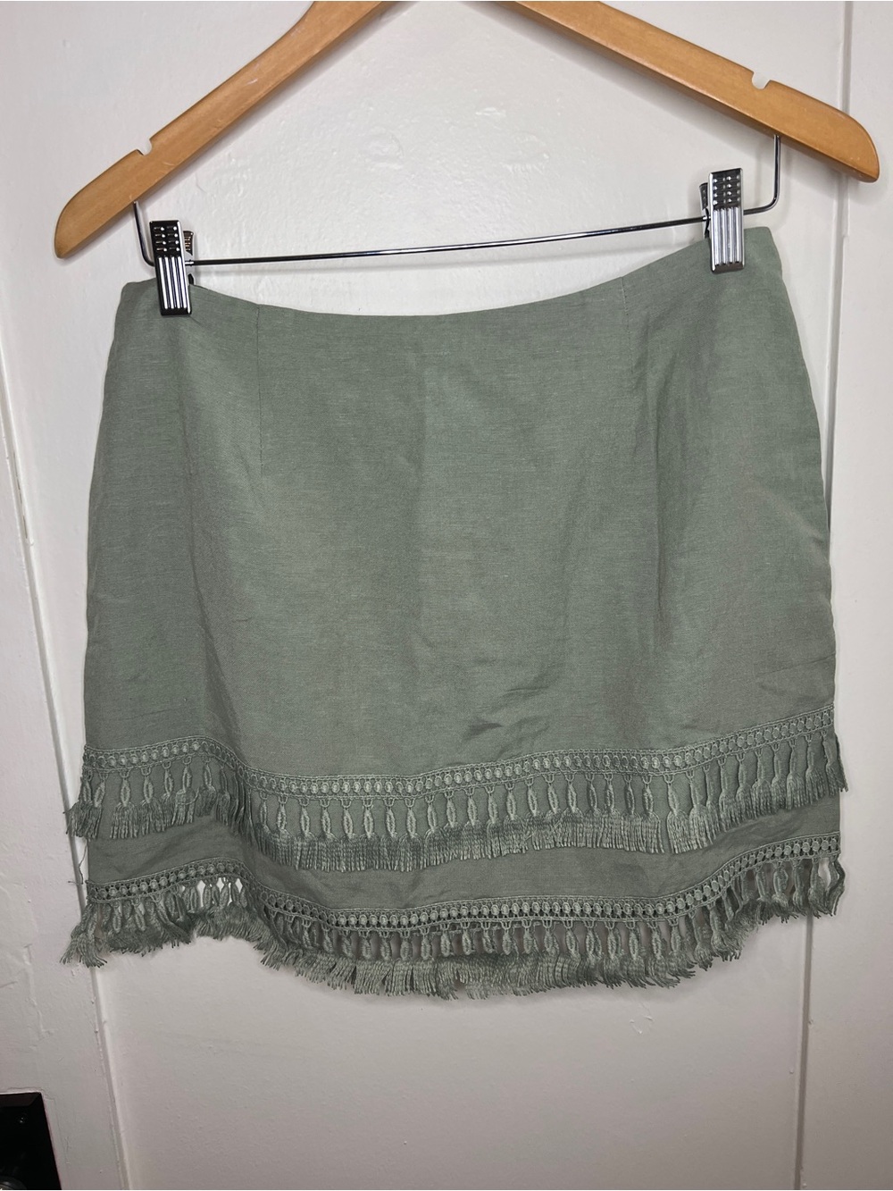 Lulu's Sage Green Fringe-Trim Mini Skirt